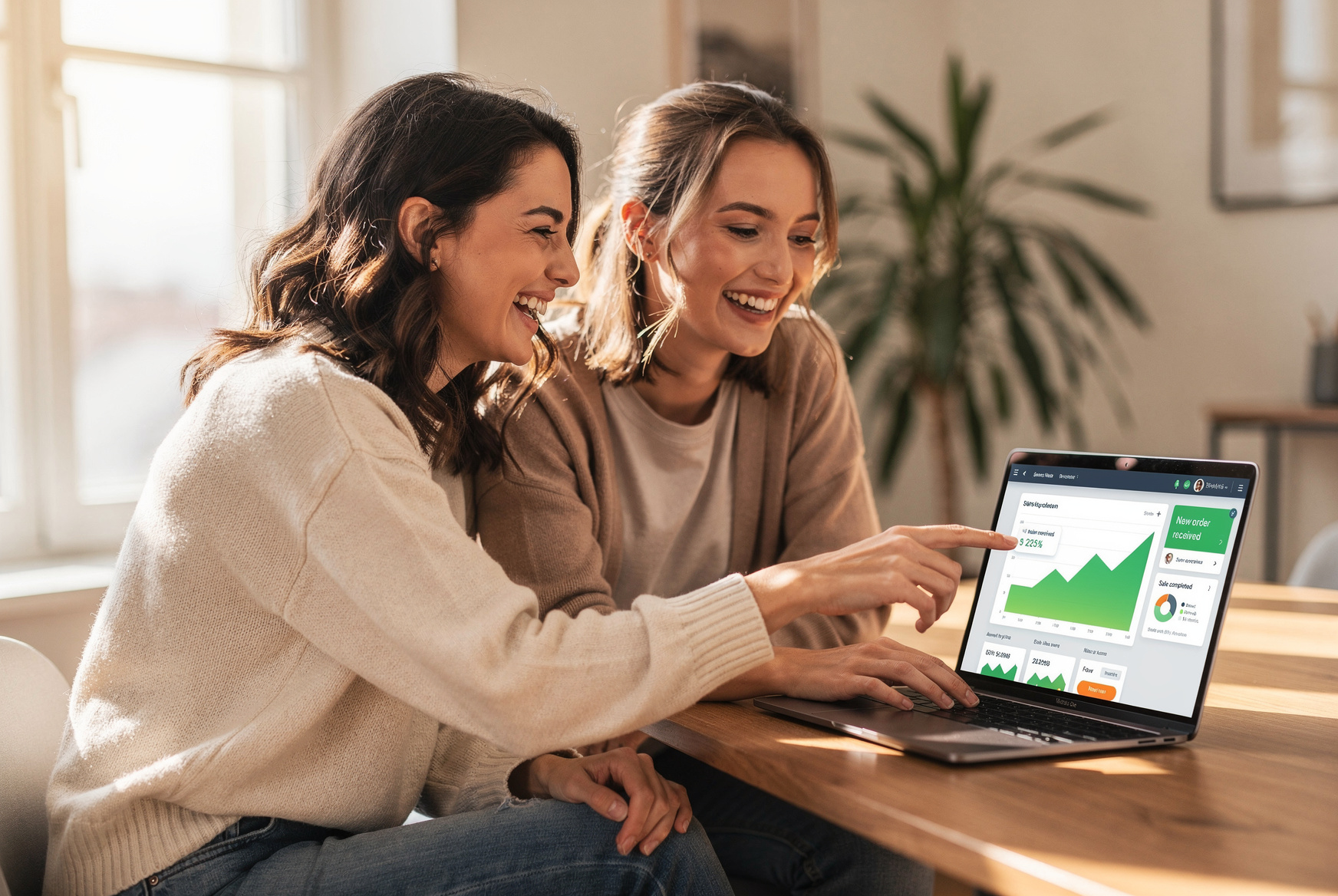 Two happy store owners looking at their sales dashboard